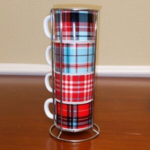 Espresso Cups Small Stack 4 Mini Mugs Tartan Plaid  Tower Stand Coco Lola Nwot